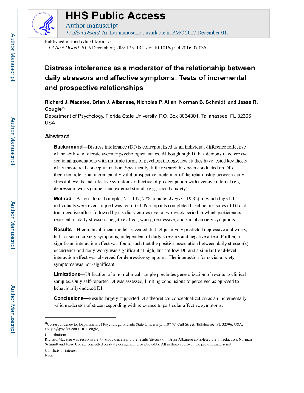 Distress Intolerance As a Moderator of the Relationship Between Daily Stressors and Affective Symptoms: Tests of Incremental and Prospective Relationships