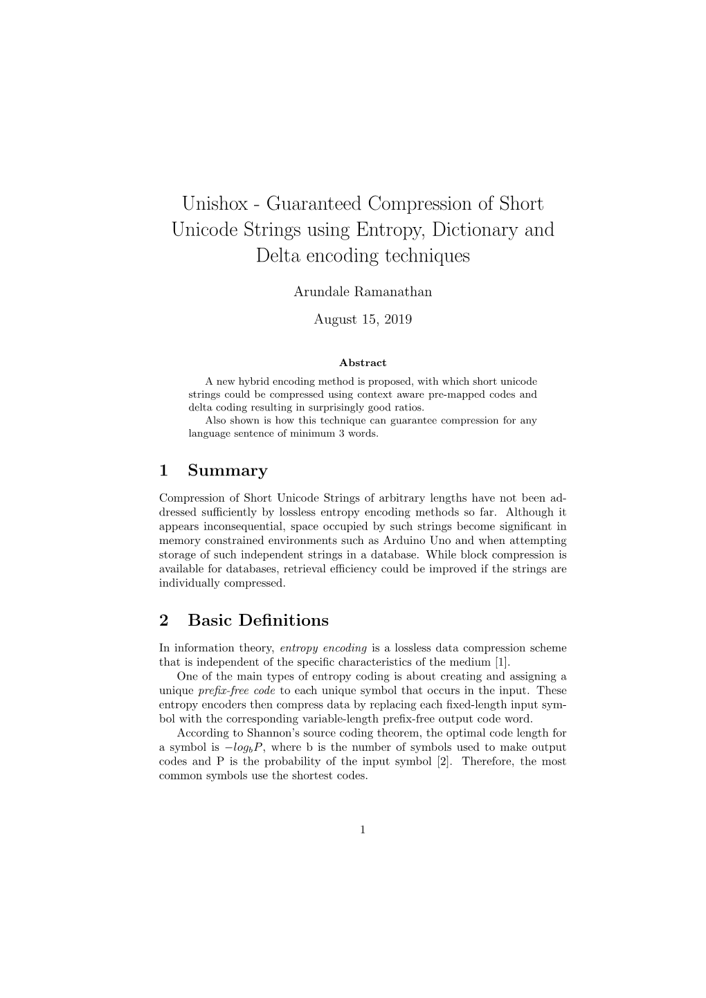 Guaranteed Compression of Short Unicode Strings Using Entropy, Dictionary and Delta Encoding Techniques