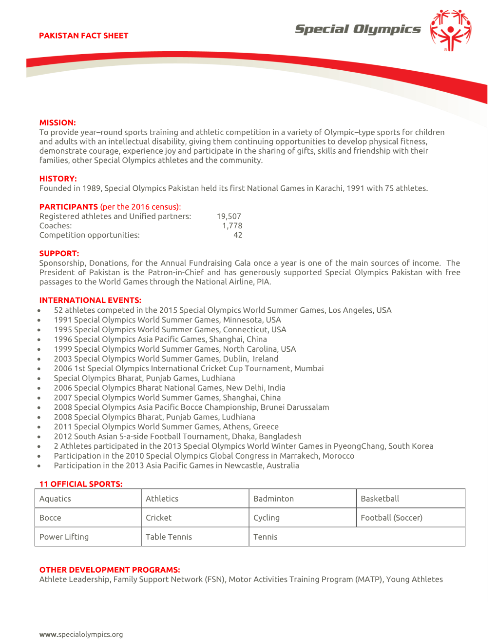 Special Olympics Pakistan Fact Sheet