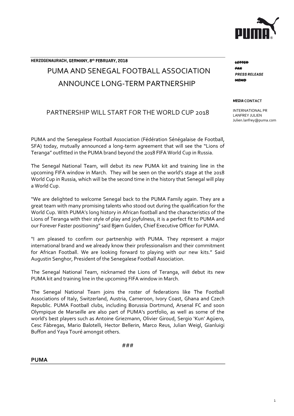 Puma and Senegal Football Association Announce Long-Term Partnership