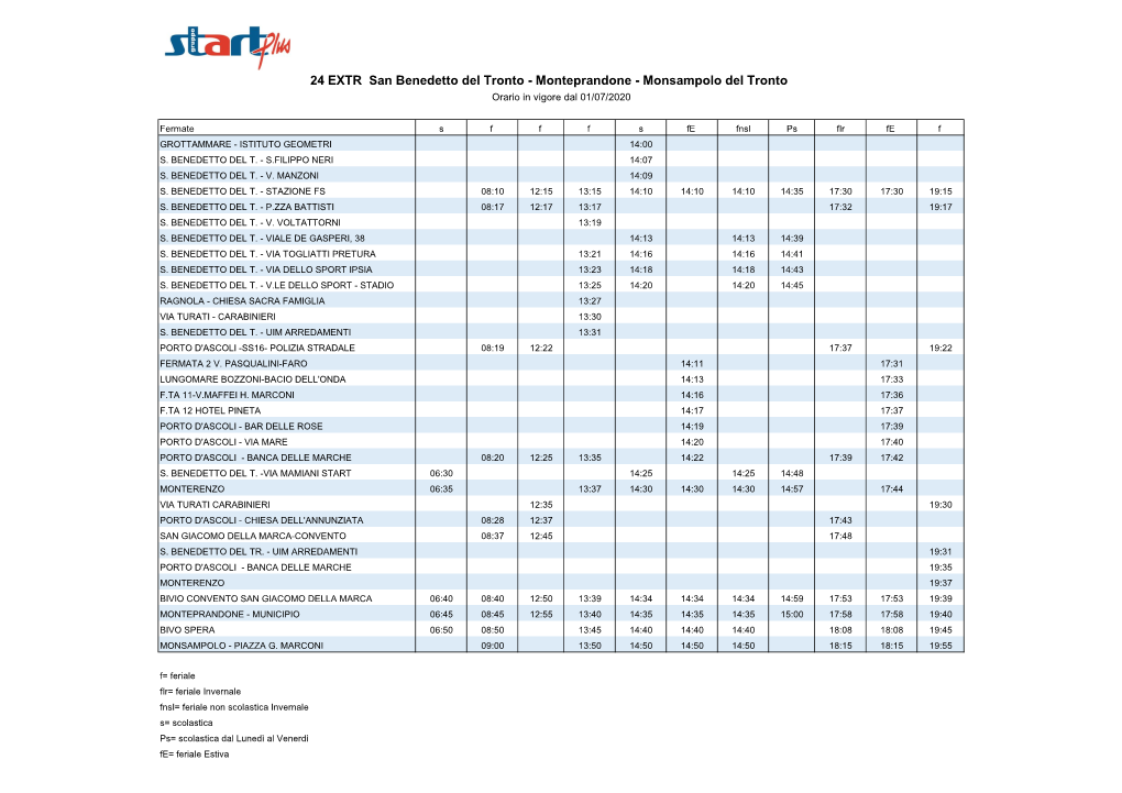 24 EXTR San Benedetto Del Tronto - Monteprandone - Monsampolo Del Tronto Orario in Vigore Dal 01/07/2020