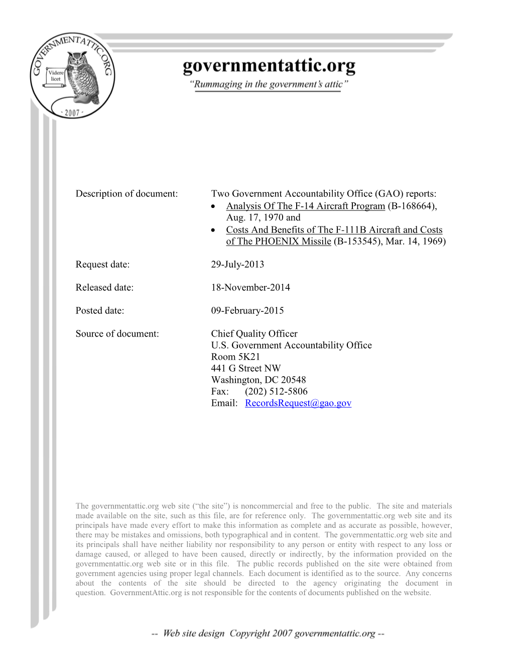 (GAO) Reports: Analysis of the F-14 Aircraft Program