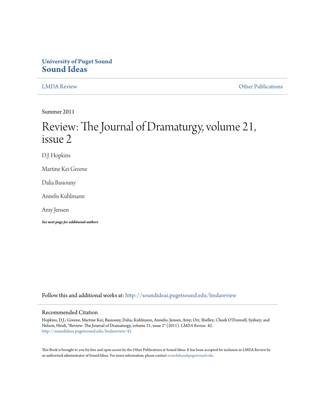 Review: the Journal of Dramaturgy, Volume 21, Issue 2