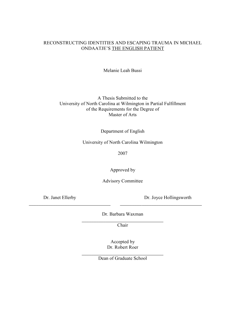 Thesis Submitted to the University of North Carolina at Wilmington in Partial Fulfillment of the Requirements for the Degree of Master of Arts