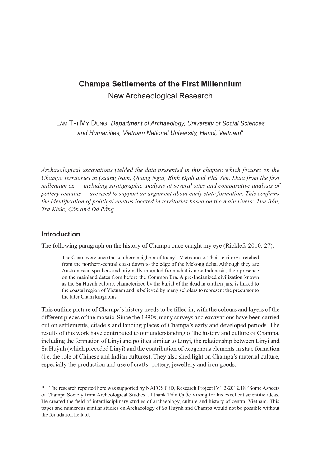 Champa Settlements of the First Millennium New Archaeological Research