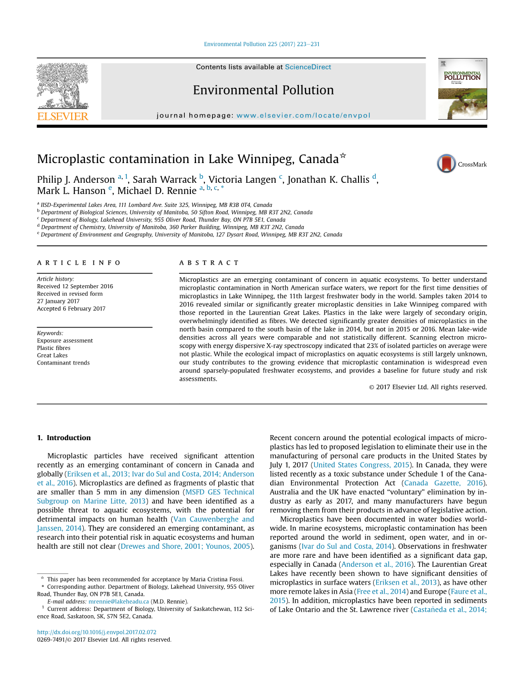 Microplastic Contamination in Lake Winnipeg, Canada*