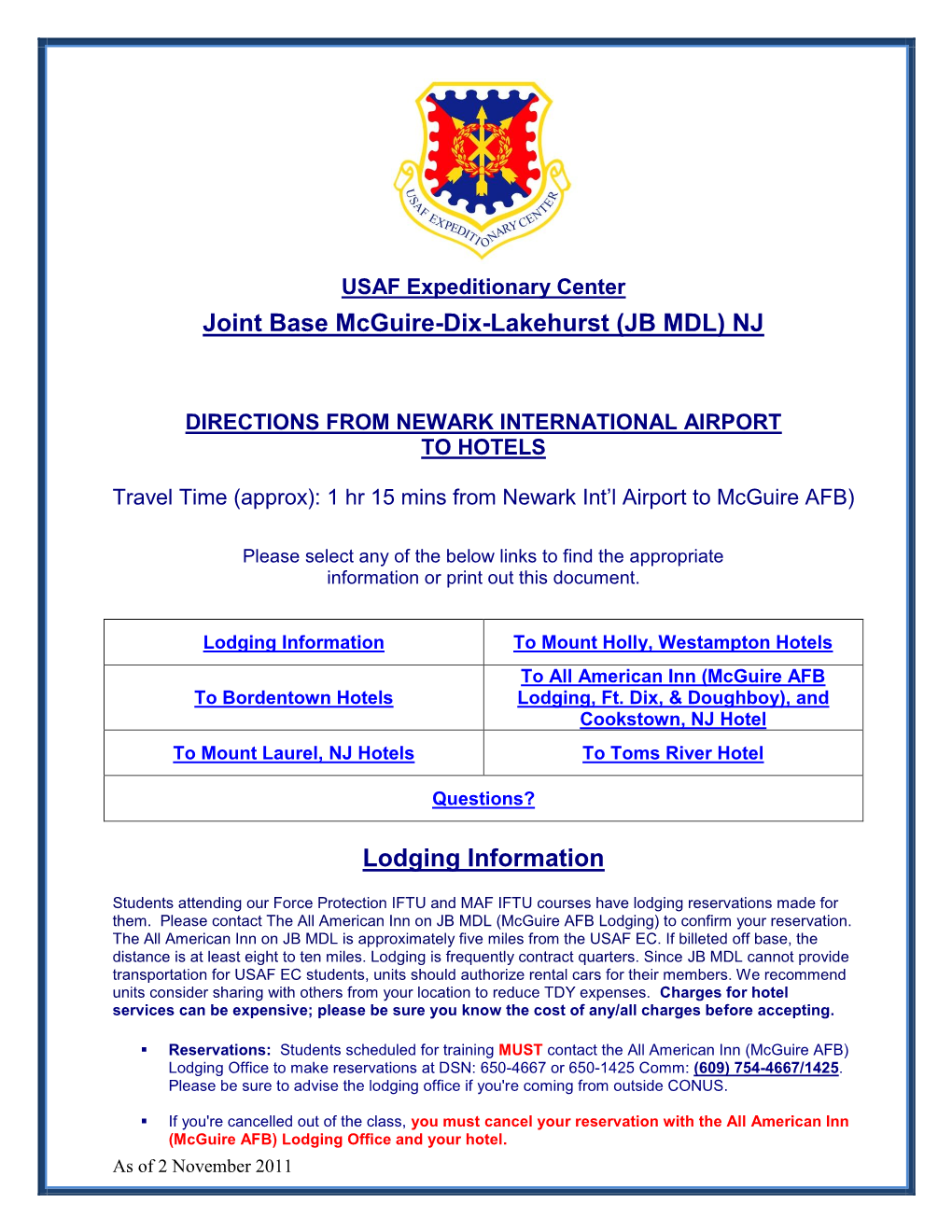 Joint Base Mcguire-Dix-Lakehurst (JB MDL) NJ Lodging Information