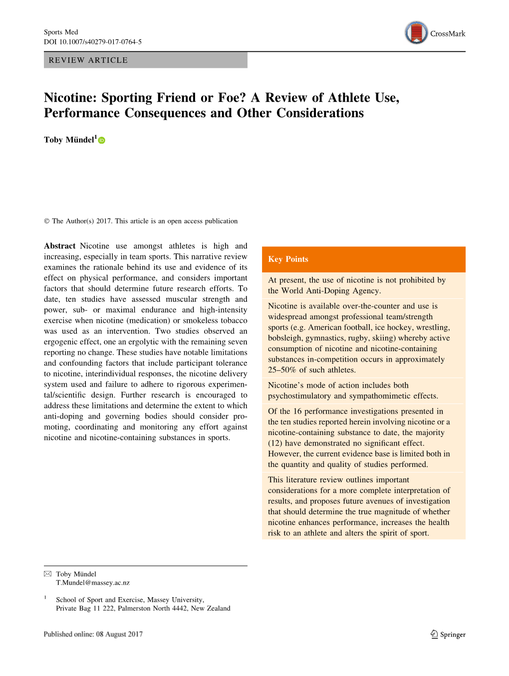 Nicotine: Sporting Friend Or Foe? a Review of Athlete Use, Performance Consequences and Other Considerations