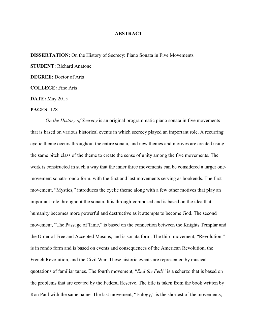 ABSTRACT DISSERTATION: on the History of Secrecy: Piano Sonata In