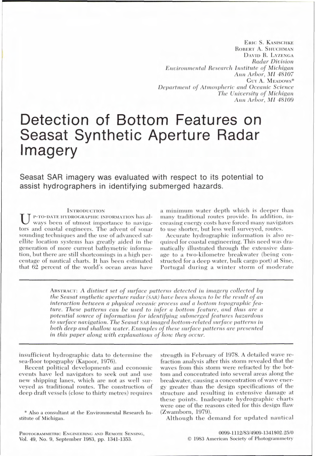 Detection of Bottom Features on Seasat Synthetic Aperture Radar Imagery