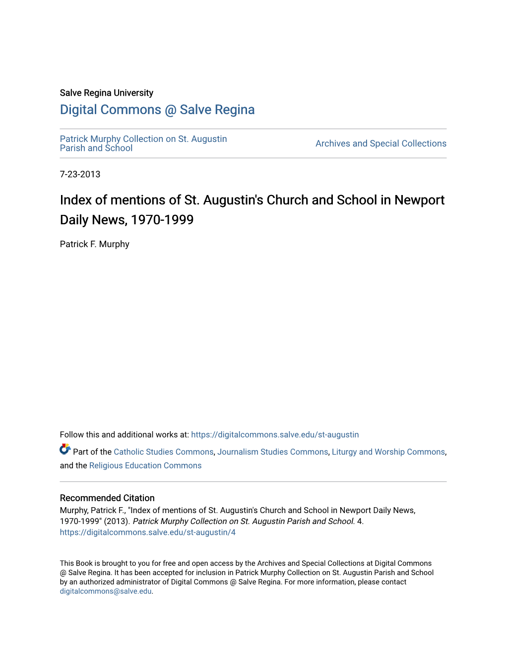 Of Mentions of St. Augustin's Church and School in Newport Daily News, 1970-1999