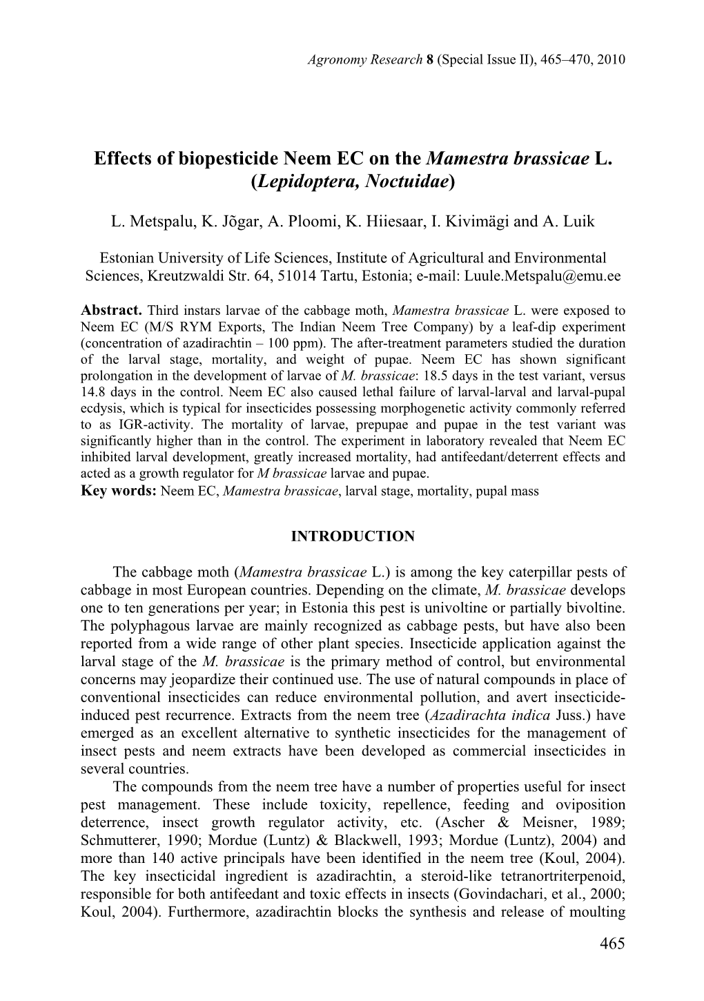 Effects of Biopesticide Neem EC on the Mamestra Brassicae L