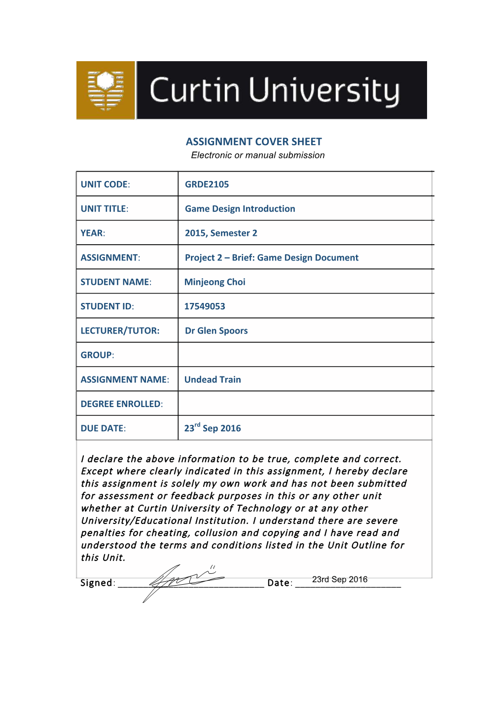 ASSIGNMENT COVER SHEET Electronic Or Manual Submission