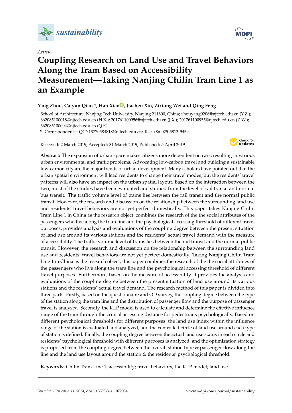 Coupling Research on Land Use and Travel Behaviors Along the Tram Based on Accessibility Measurement—Taking Nanjing Chilin Tram Line 1 As an Example