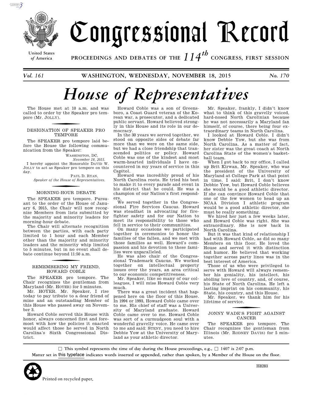 Congressional Record United States Th of America PROCEEDINGS and DEBATES of the 114 CONGRESS, FIRST SESSION