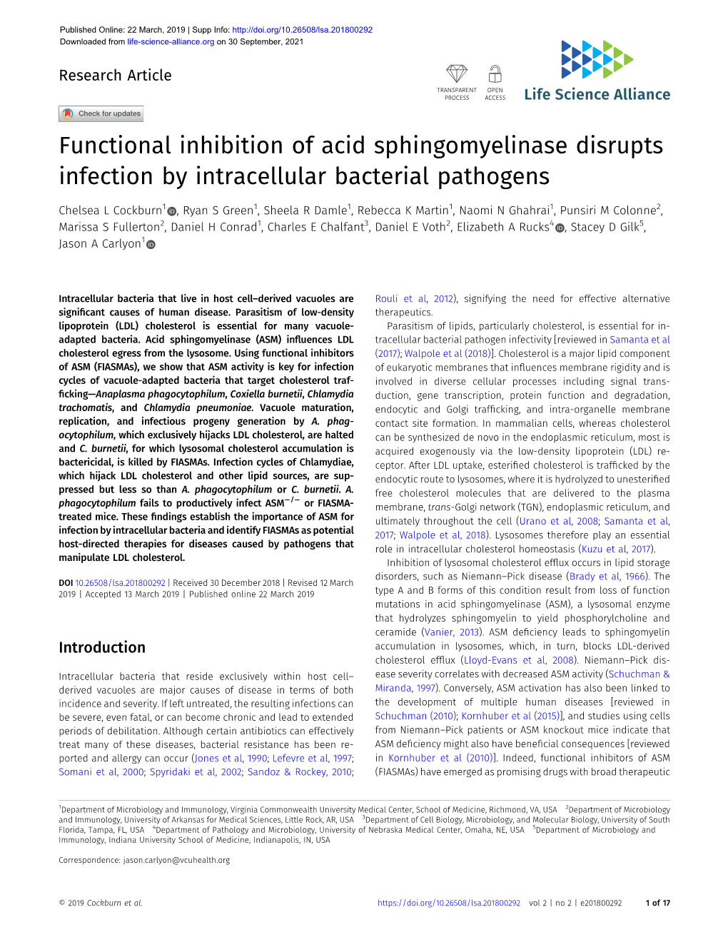 Functional Inhibition of Acid Sphingomyelinase Disrupts Infection by Intracellular Bacterial Pathogens