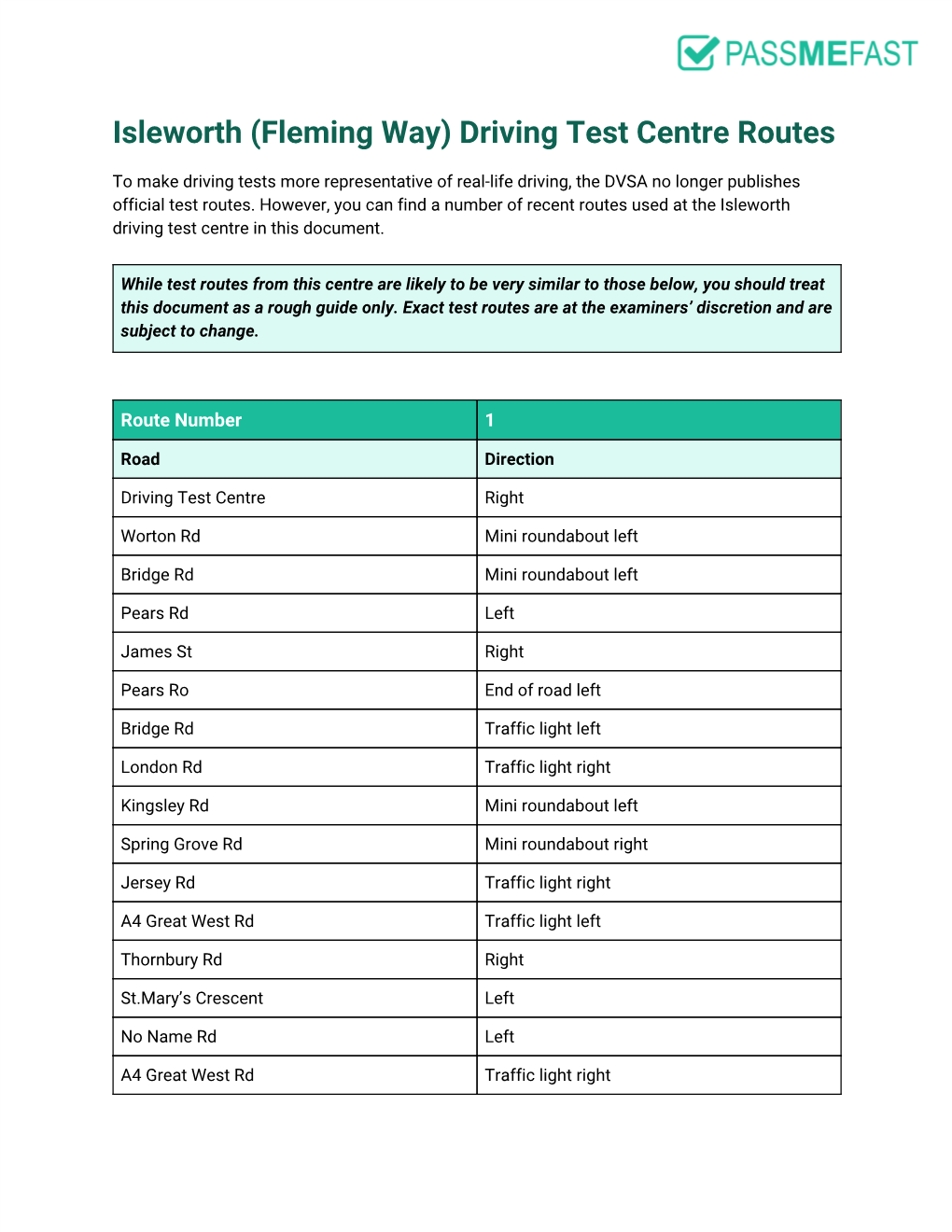 Isleworth (Fleming Way) Driving Test Centre Routes