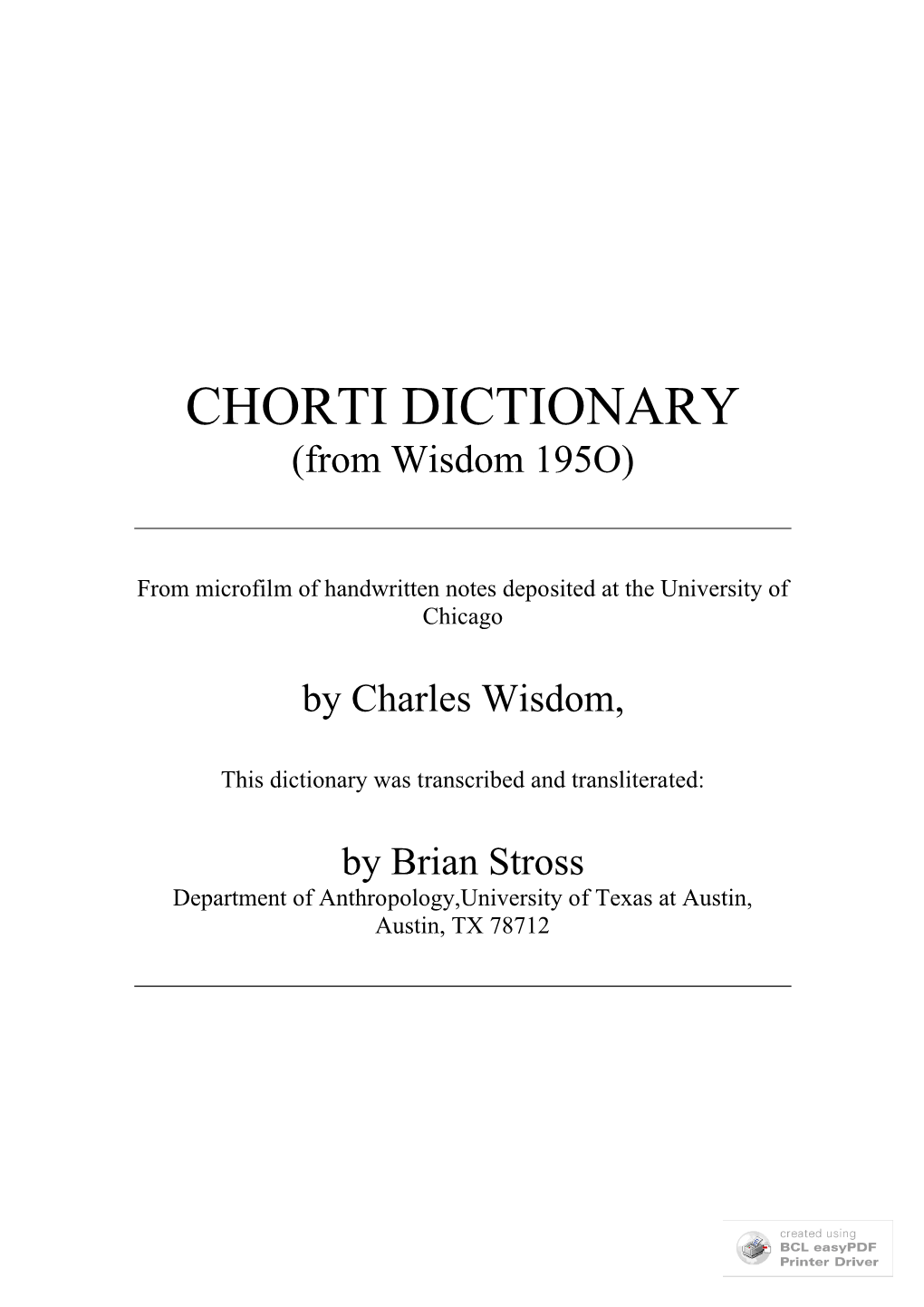 CHORTI DICTIONARY (From Wisdom 195O)