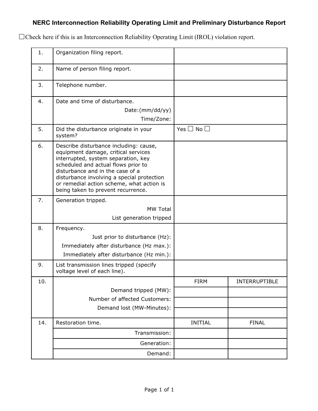 NERC Interconnection Reliability Operating Limit and Preliminary Disturbance Report