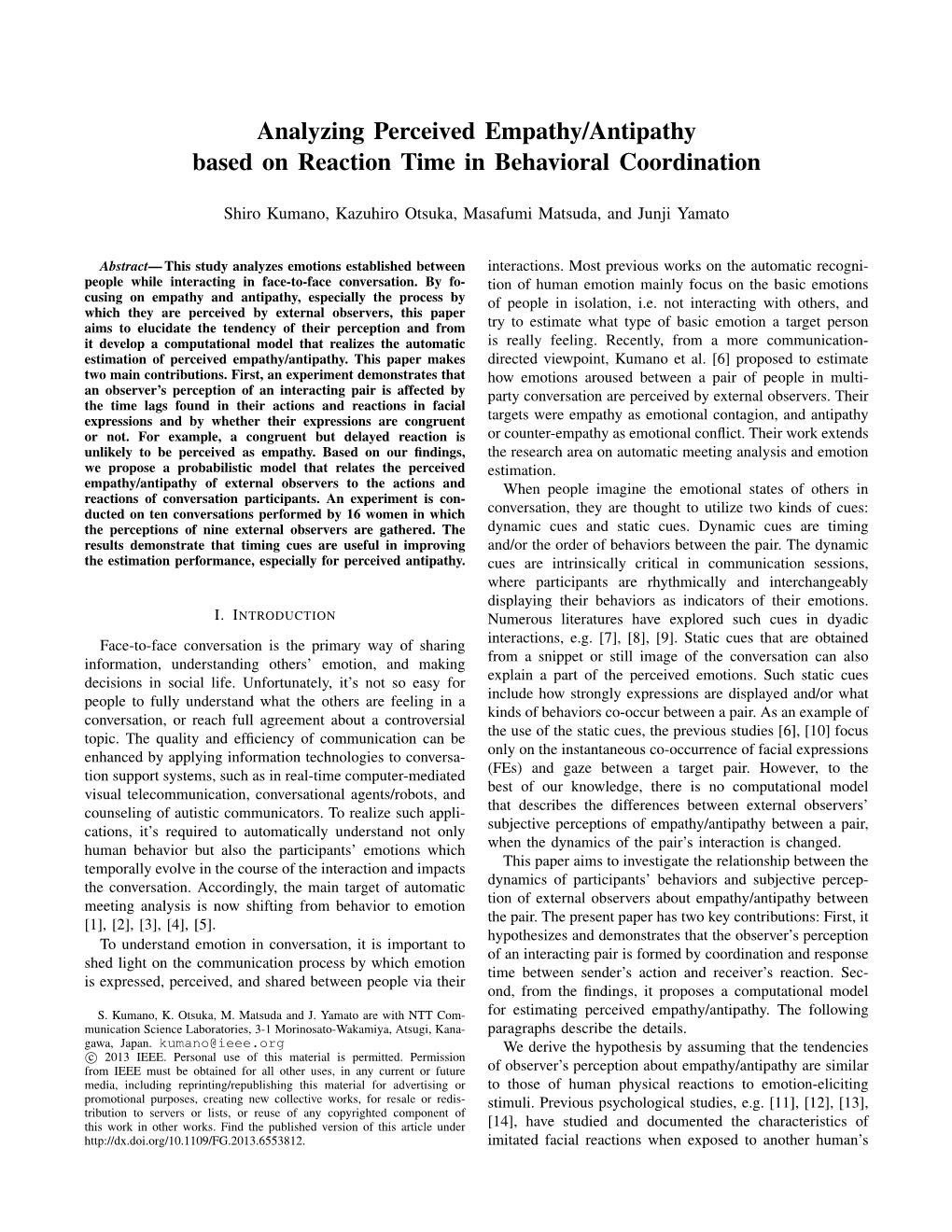 Analyzing Perceived Empathy/Antipathy Based on Reaction Time in Behavioral Coordination