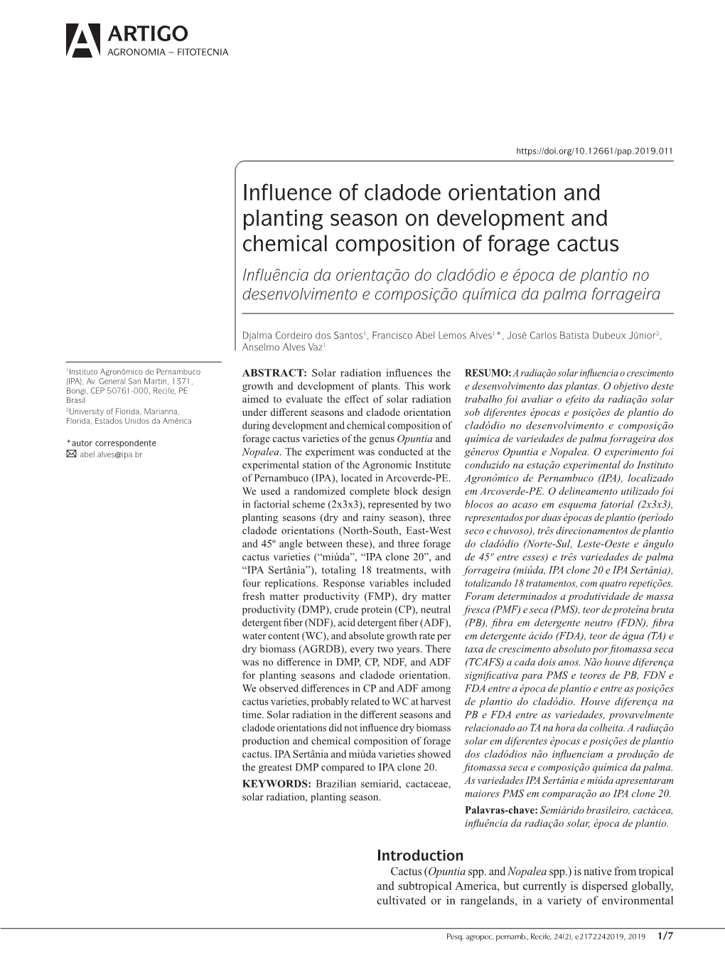 Influence of Cladode Orientation and Planting Season on Development