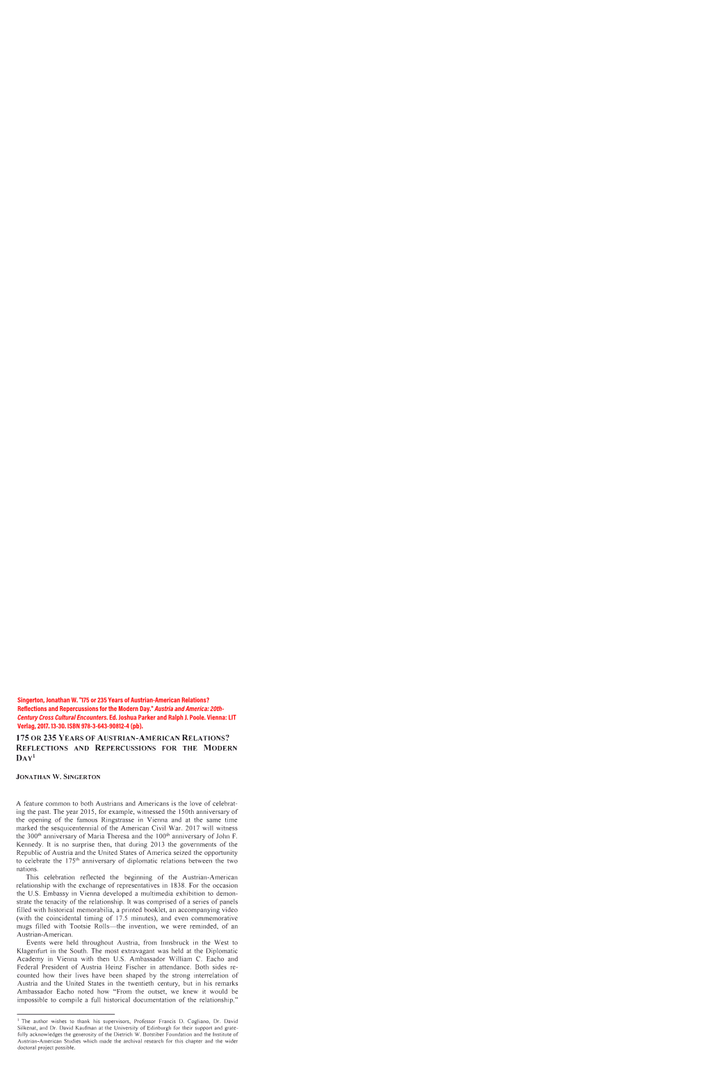 175 Or 235 Years of Austrian-American Relations? Reflections and Repercussions for the Modern Day." Austria and America: 20Th- Century Cross Cultural Encounters