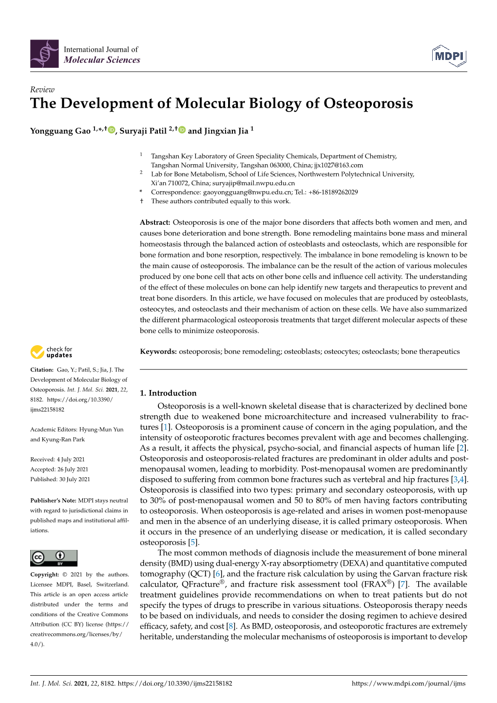 The Development of Molecular Biology of Osteoporosis