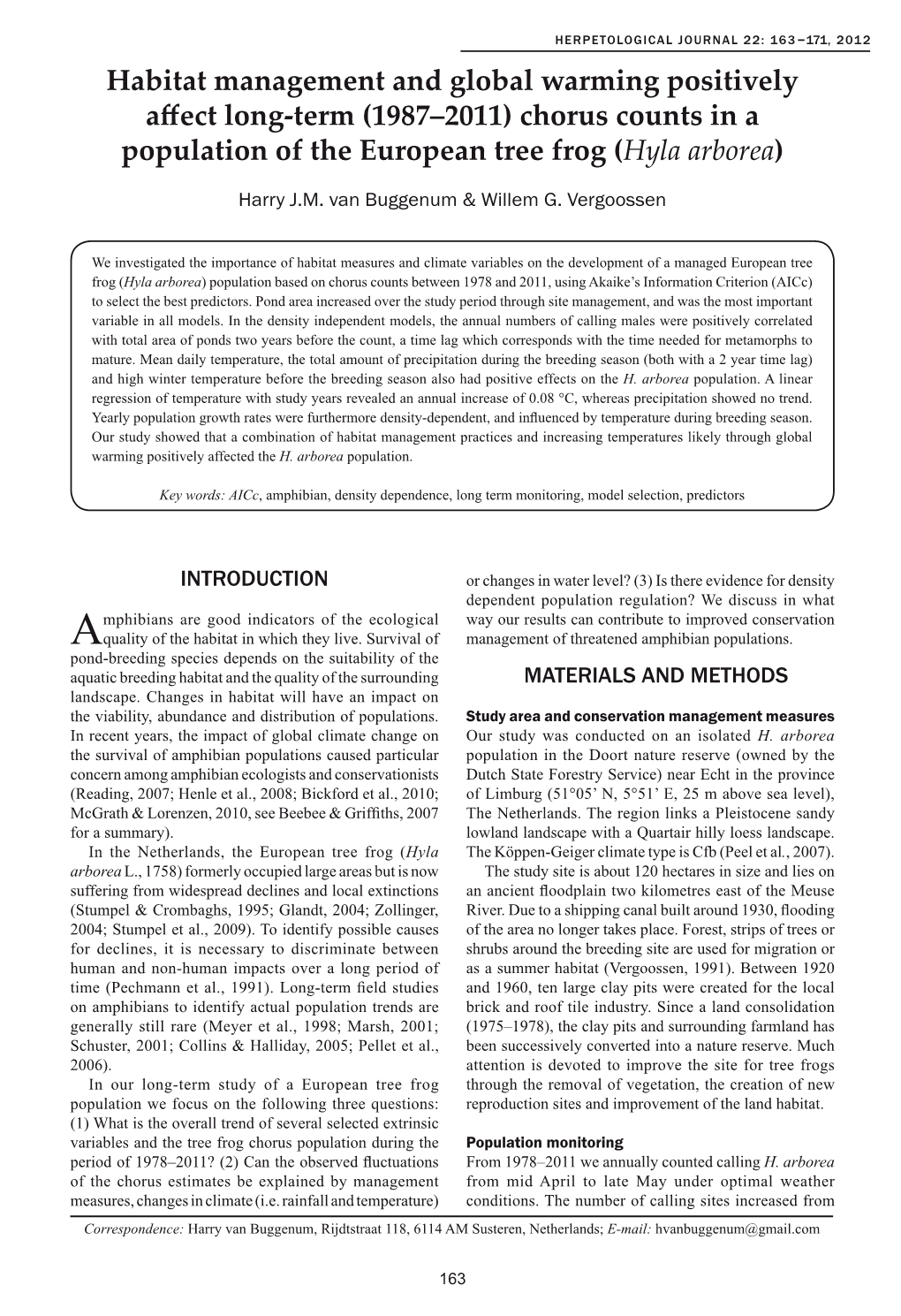 Habitat Management and Global Warming Positively Affect Long-Term (1987–2011) Chorus Counts in a Population of the European Tree Frog (Hyla Arborea)