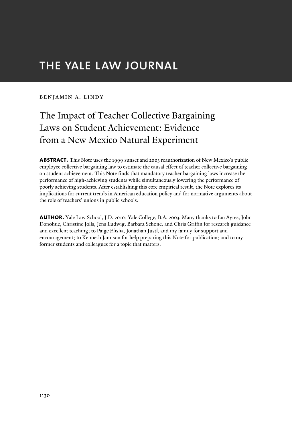 The Impact of Teacher Collective Bargaining Laws on Student Achievement: Evidence from a New Mexico Natural Experiment Abstract