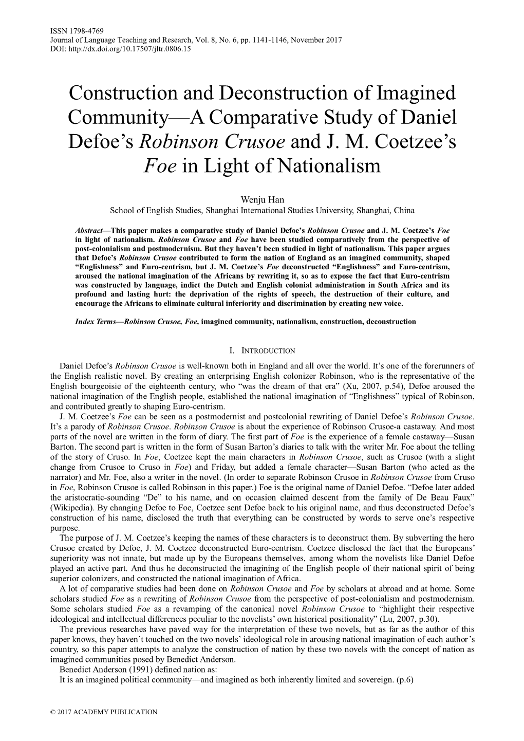 Construction and Deconstruction of Imagined Community—A Comparative Study of Daniel Defoe’S Robinson Crusoe and J