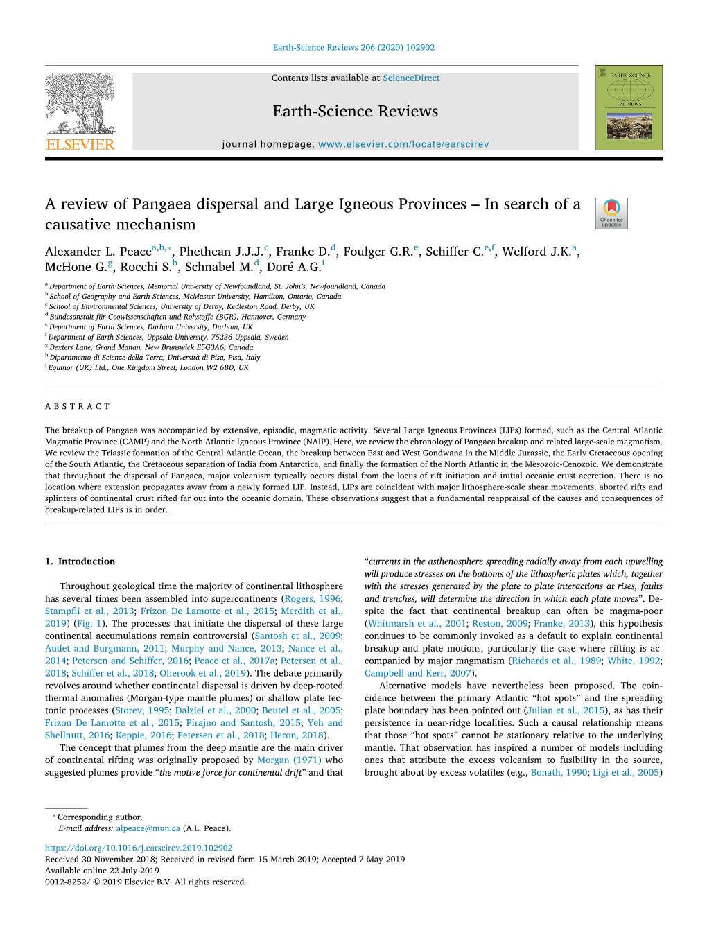 A Review of Pangaea Dispersal and Large Igneous Provinces – in Search of a T Causative Mechanism ⁎ Alexander L