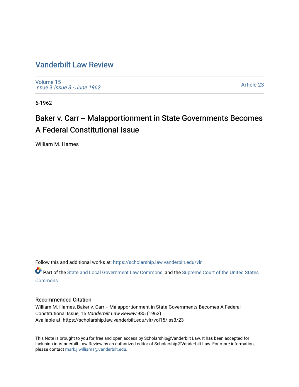 Baker V. Carr -- Malapportionment in State Governments Becomes a Federal Constitutional Issue