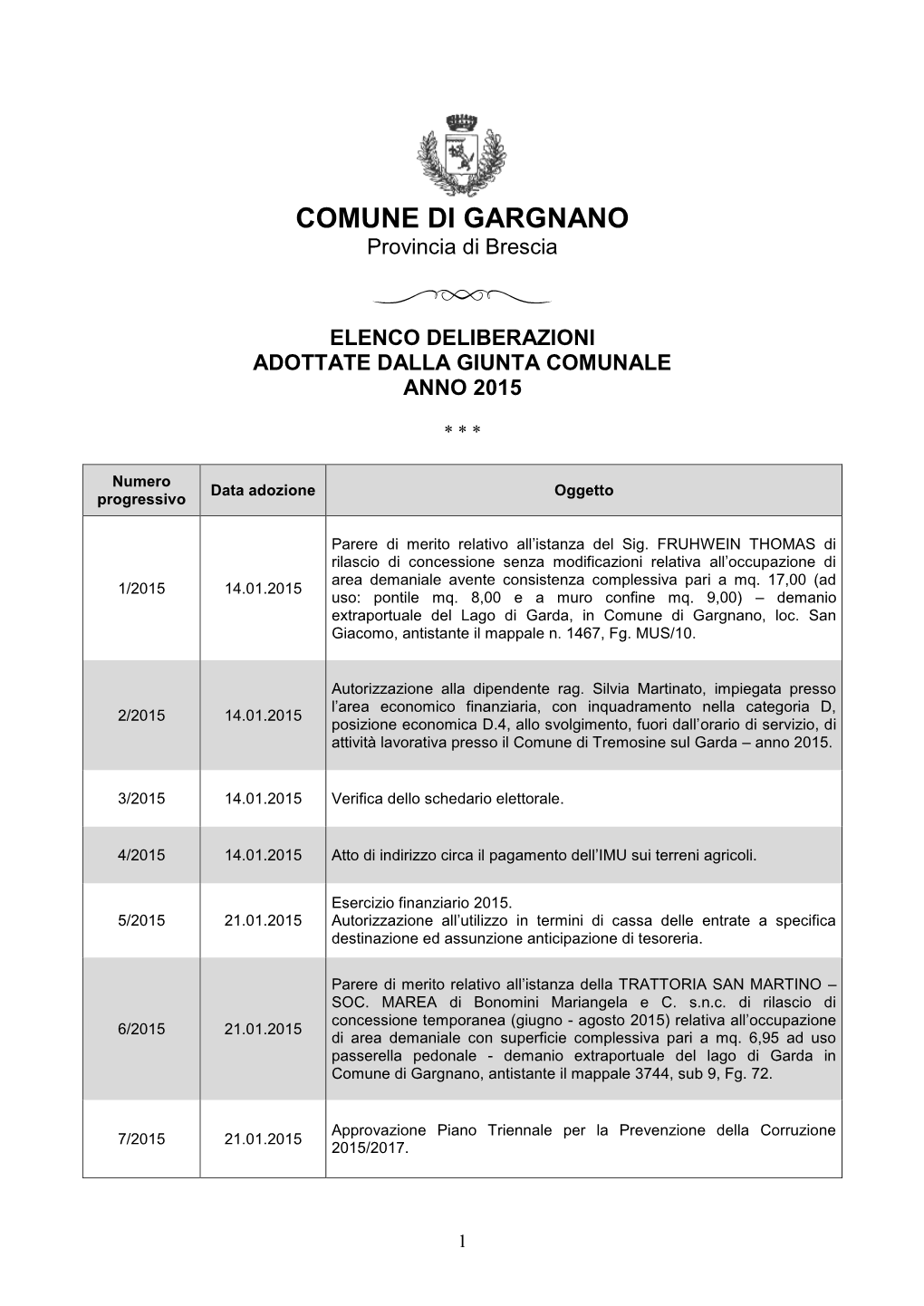 COMUNE DI GARGNANO Provincia Di Brescia