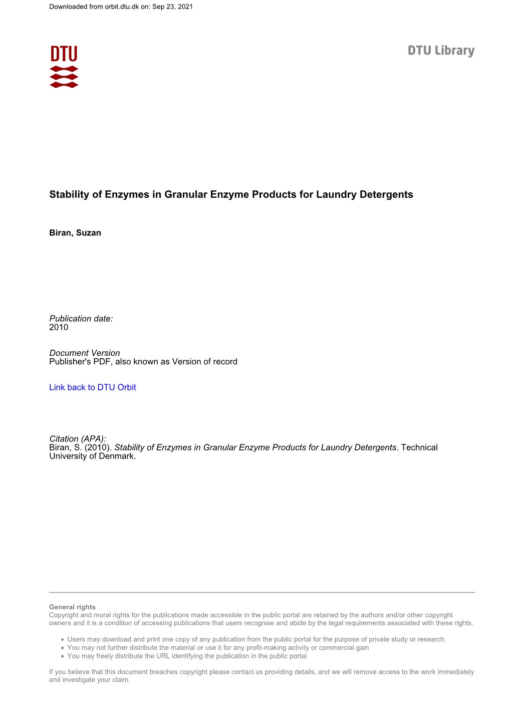 Stability of Enzymes in Granular Enzyme Products for Laundry Detergents