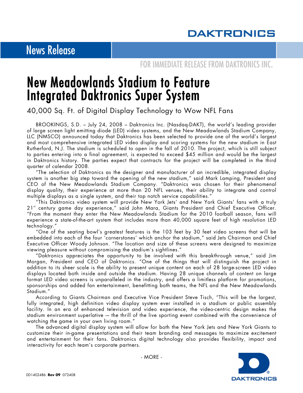 New Meadowlands Stadium to Feature Integrated Daktronics Super System 40,000 Sq