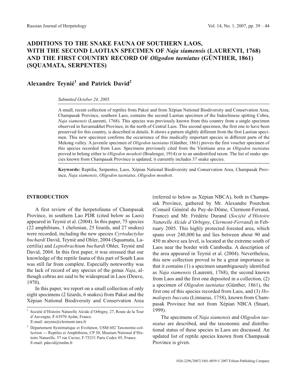 Additions to the Snake Fauna of Southern Laos