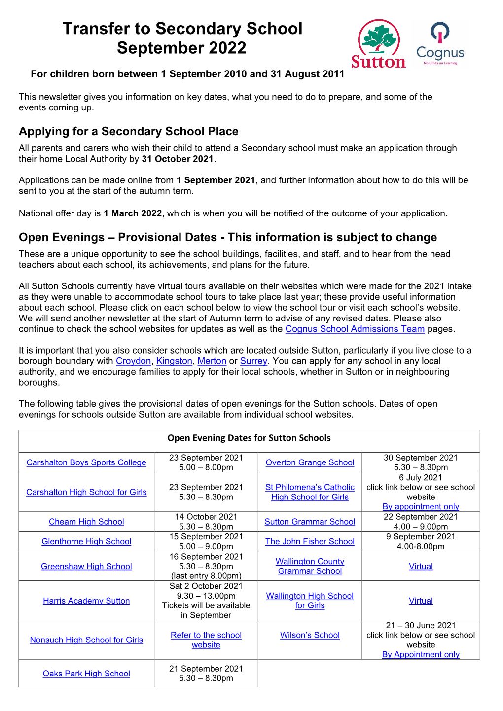 Transfer to Secondary School September 2022