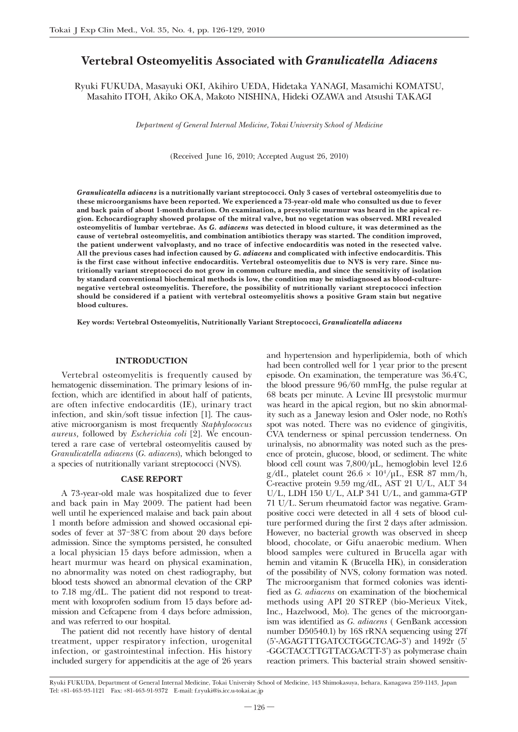 Vertebral Osteomyelitis Associated with Granulicatella Adiacens