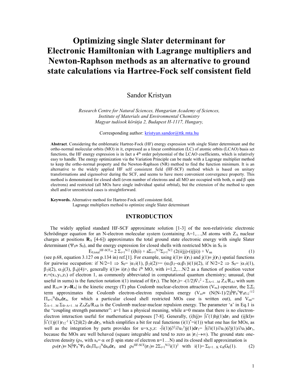 Optimizing Single Slater Determinant