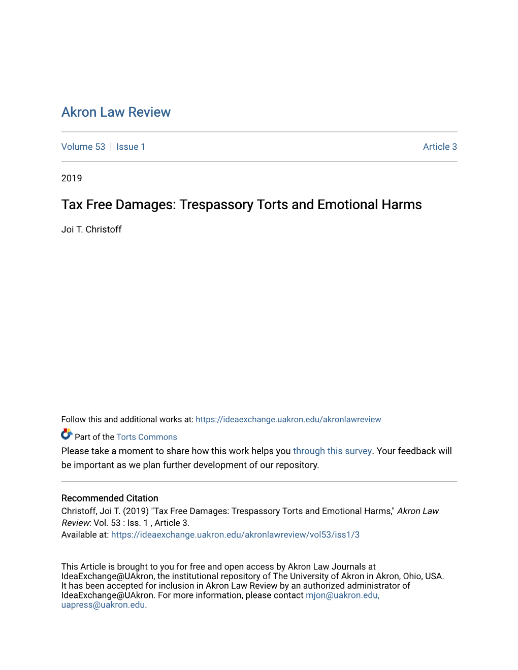 Tax Free Damages: Trespassory Torts and Emotional Harms