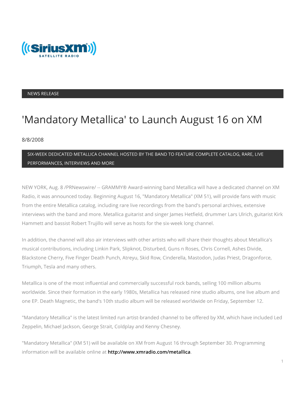 'Mandatory Metallica' to Launch August 16 on XM