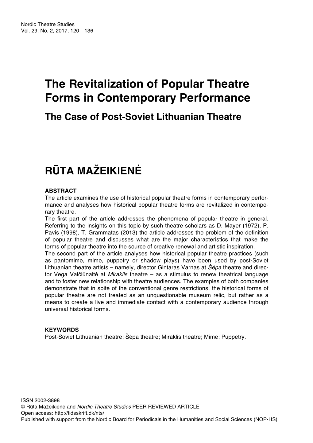 The Revitalization of Popular Theatre Forms in Contemporary Performance the Case of Post-Soviet Lithuanian Theatre