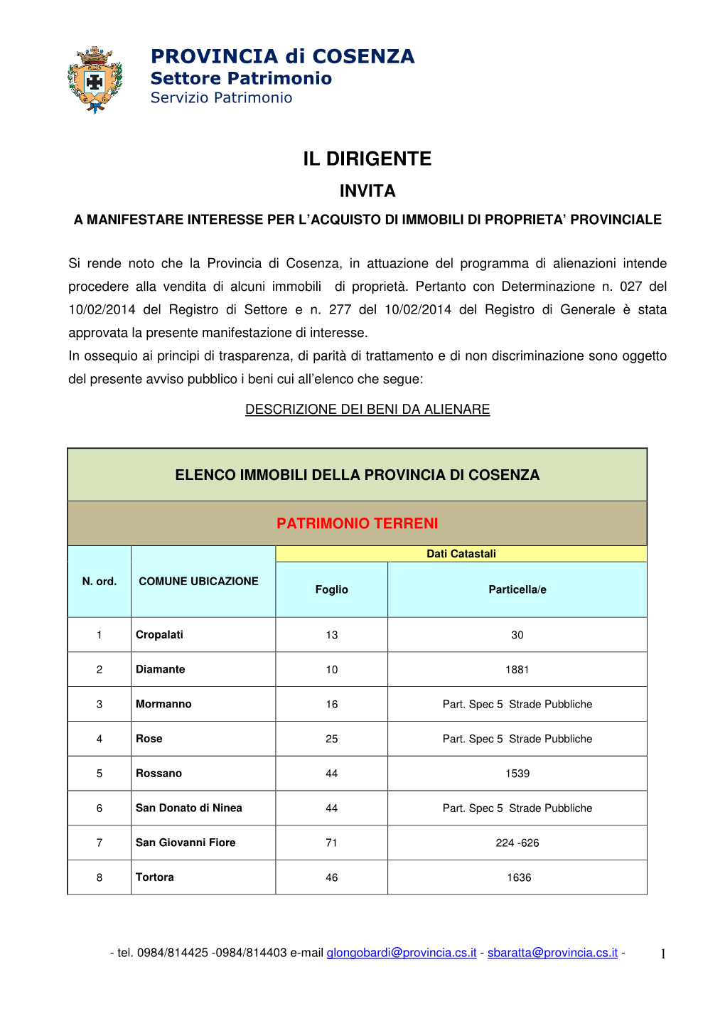 PROVINCIA Di COSENZA IL DIRIGENTE