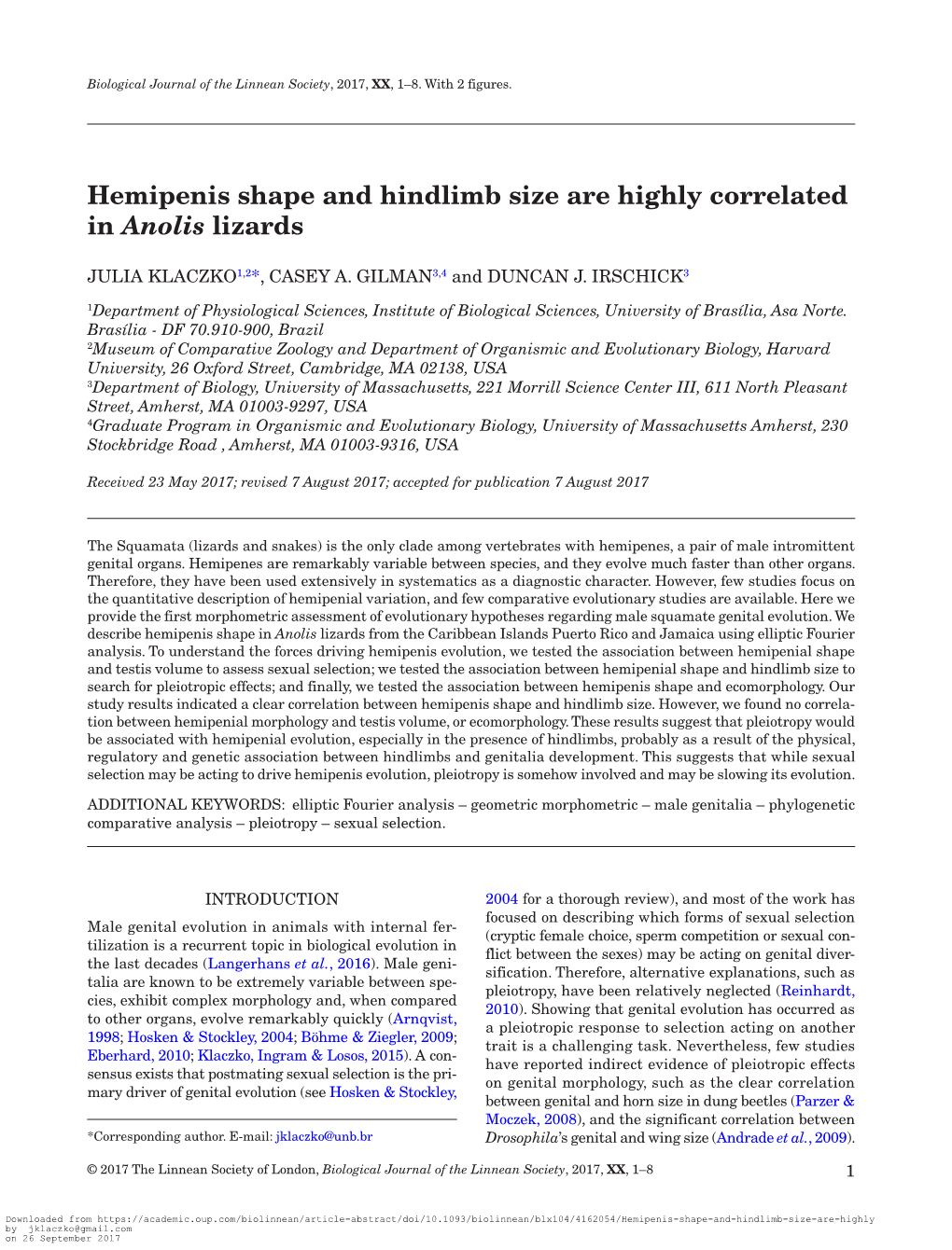 Hemipenis Shape and Hindlimb Size Are Highly Correlated in Anolis Lizards