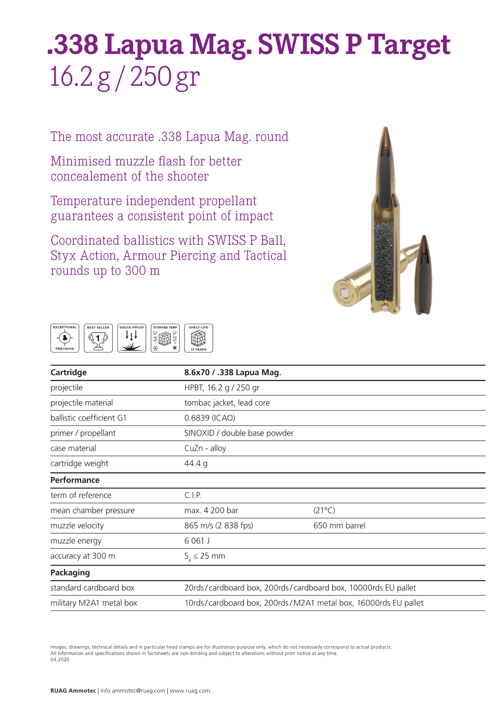 338 Lapua Mag. SWISS P Target 16.2 G / 250 Gr