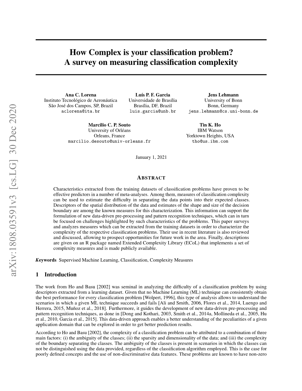 A Survey on Measuring Classification Complexity