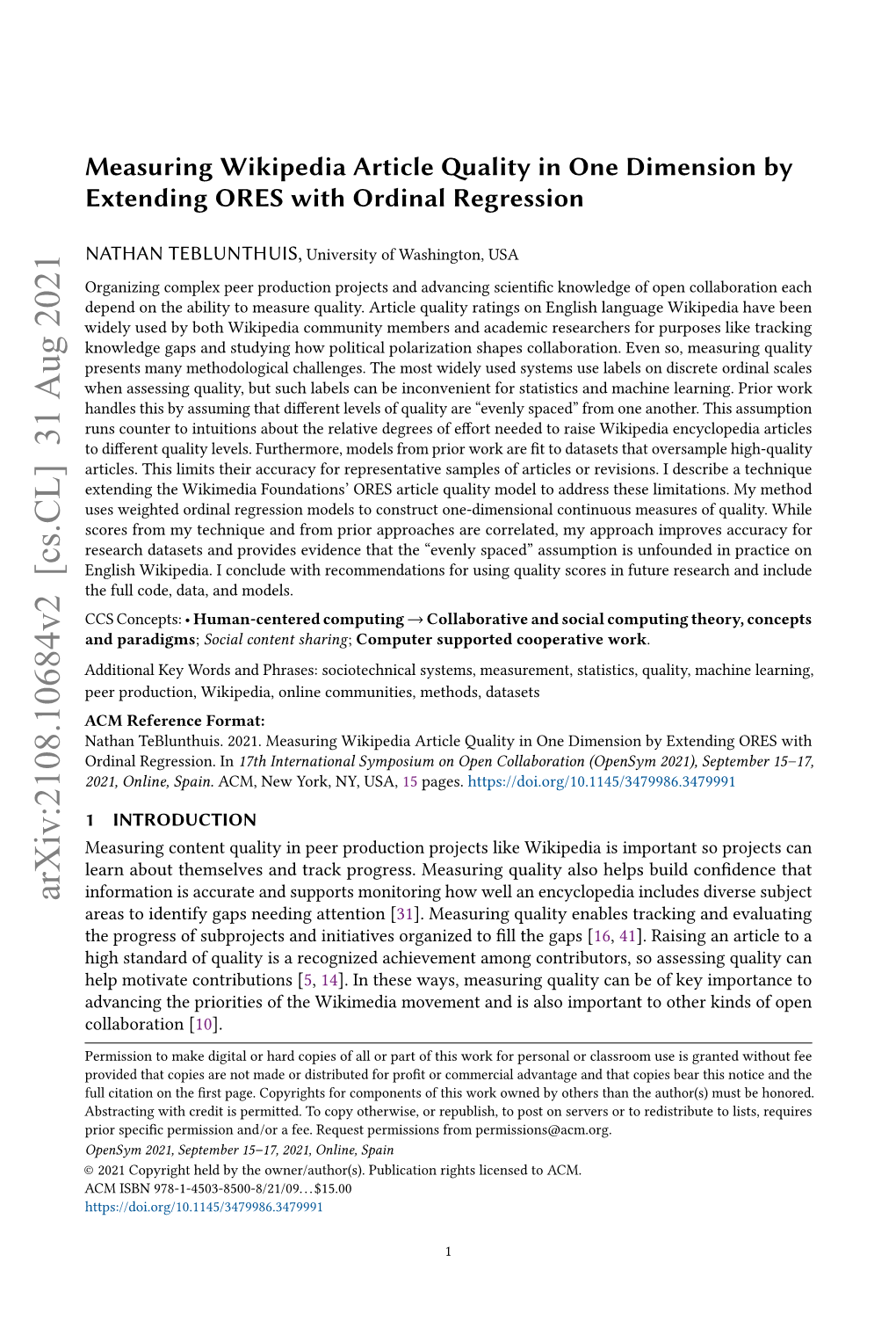 Measuring Wikipedia Article Quality in One Dimension by Extending ORES with Ordinal Regression