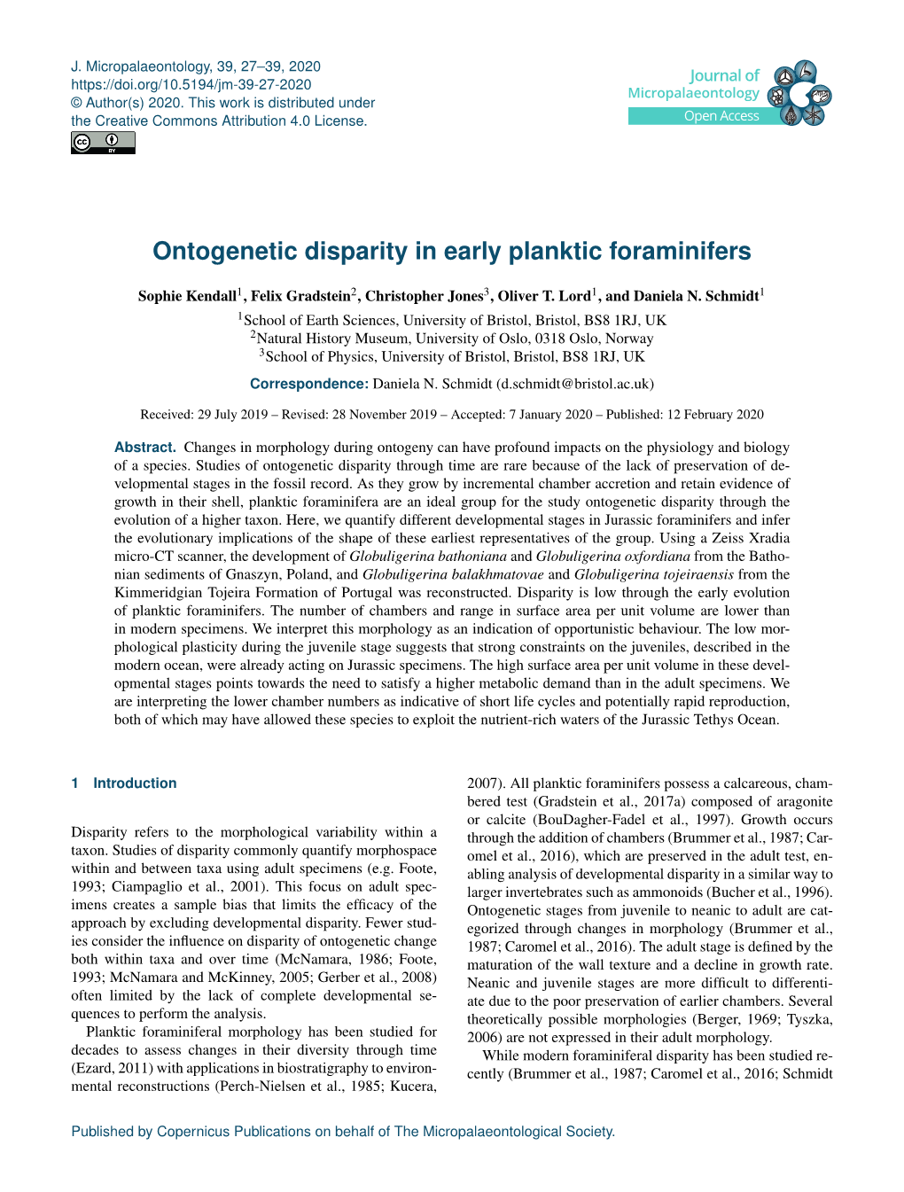 Ontogenetic Disparity in Early Planktic Foraminifers