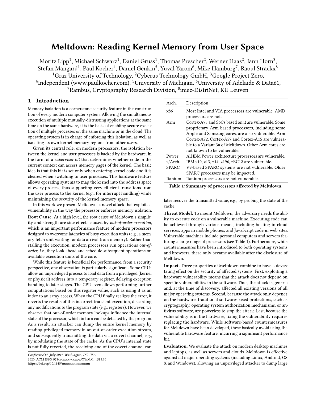 Meltdown: Reading Kernel Memory from User Space