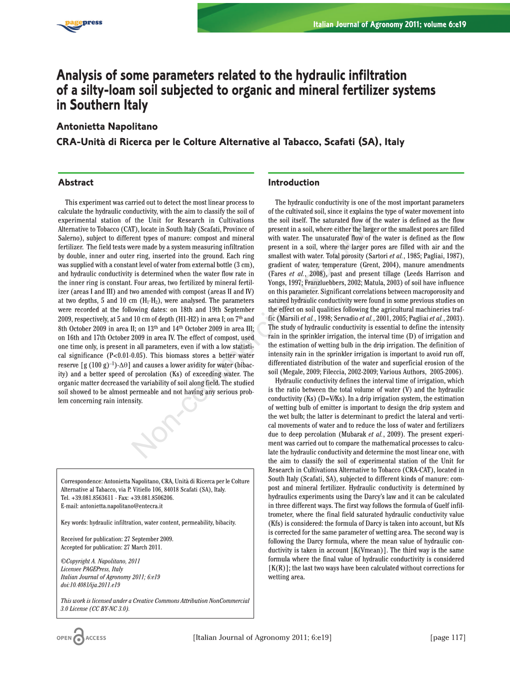 Analysis of Some Parameters Related to the Hydraulic Infiltration of a Silty